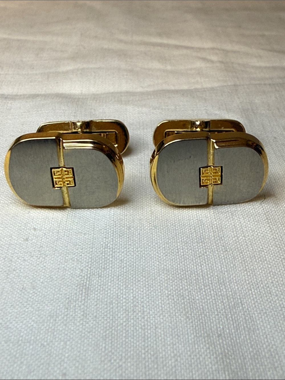 Givenchy Gold Tone & Gray Oval Logo Cufflinks 0.75" Vintage